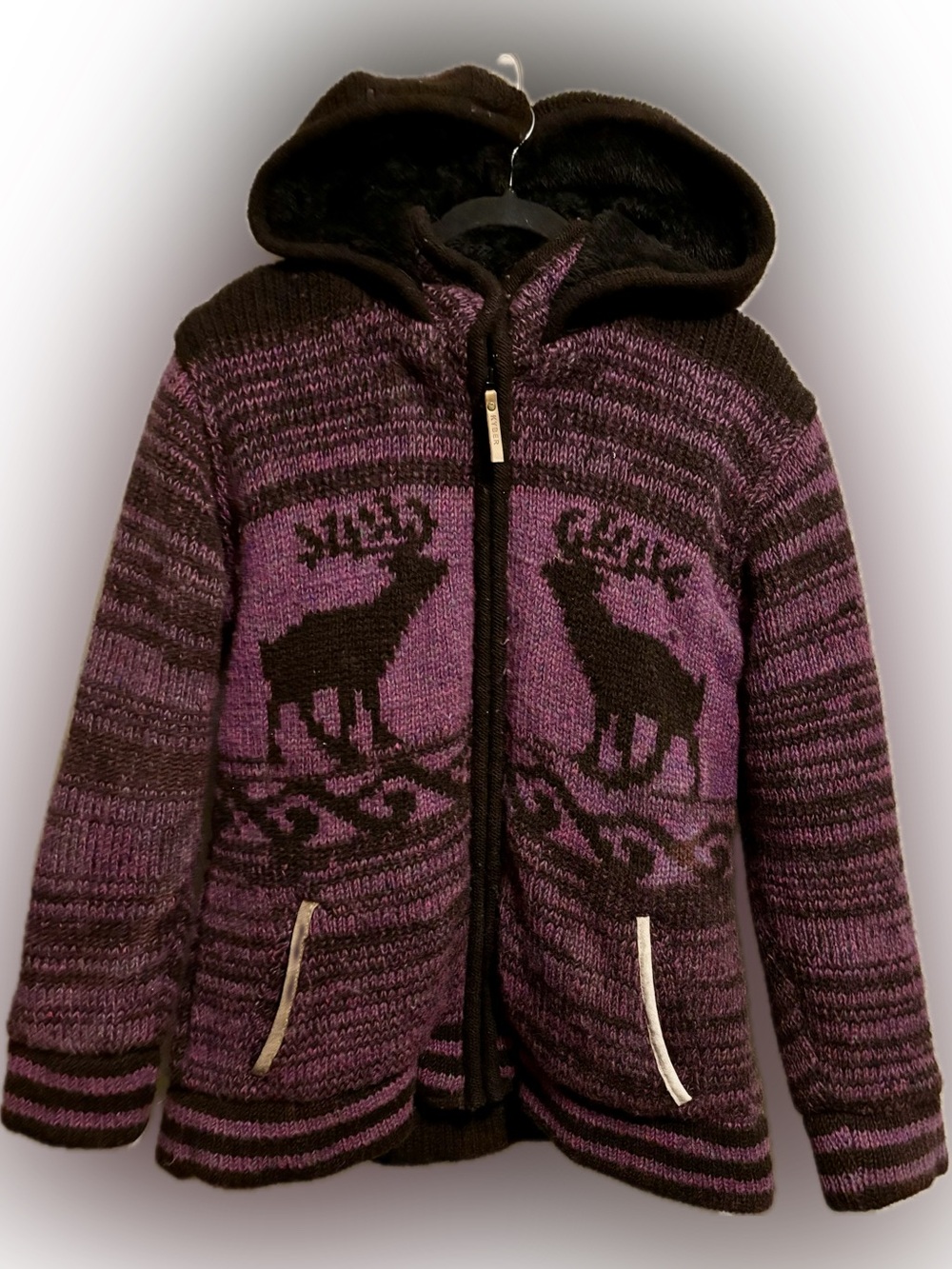 Purple Wool Hooded Zip Jacket with Sherpa Lining